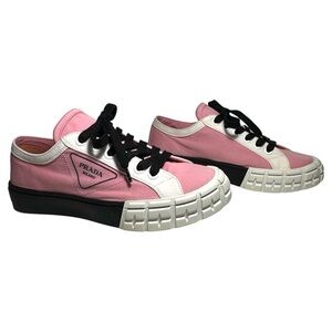 Prada Womens Gabardine Wheel Low Bubblegum 'Pink' Logo Sneakers Size 39.5 Barbie